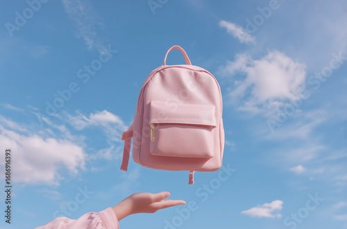 Pink Backpack and Blue Sky Scene, Fresh and Fashionable Accessory, Suitable for Fashion Design, E - commerce Display, Youth - themed Creation