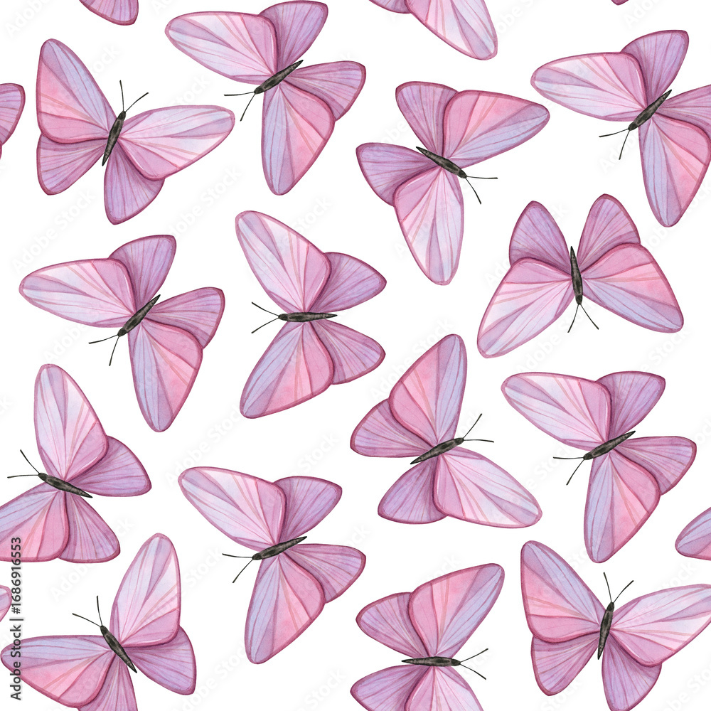 Obraz premium Seamless pattern with delicate flying lilac butterflies. Watercolor hand painted illustration. Isolated element on a white background. For textiles, wallpaper, fabrics, packaging, decoration.