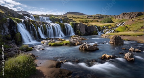 Multi - tiered Mountain Waterfall Landscape, Clear Water and Verdant Landform, Suitable for Scenery Decoration, Nature - Themed Design, Travel Promotion