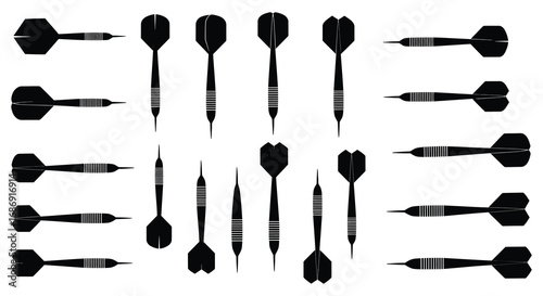 a collection of black darts arranged neatly in rows