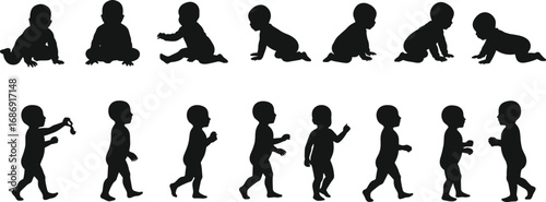 Baby milestone silhouette SVG bundle, crawling to walking baby clipart, infant development vector, newborn to toddler outline for crafts
