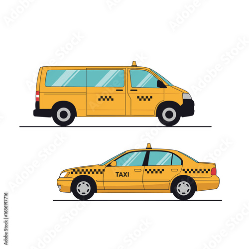 Two yellow taxis one sedan one minivan type vehicle parked side by side with windows showing blue sky reflection