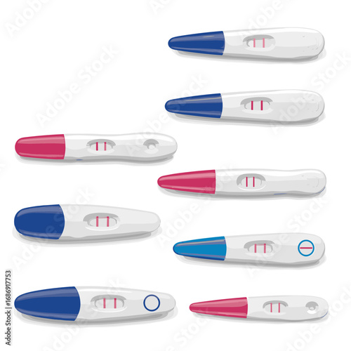 Collection of various home pregnancy test devices showing positive results with two lines clearly visible indicating pregnancy