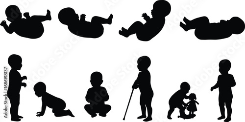 Baby silhouette bundle with newborn, crawling, sitting, standing, and playing poses for milestone graphics, nursery wall art, toddler clipart