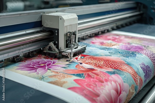 Large format printer printing colorful floral pattern on fabric.