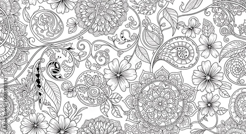 Floral Paisley Monochrome Pattern.