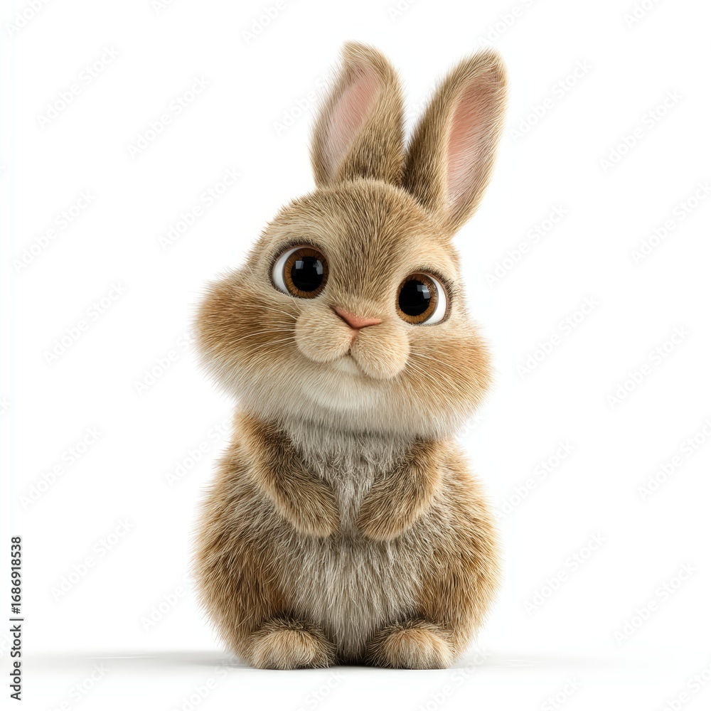 Fototapeta premium A cute rabbit with big eyes and a fluffy tail is sitting on a white background