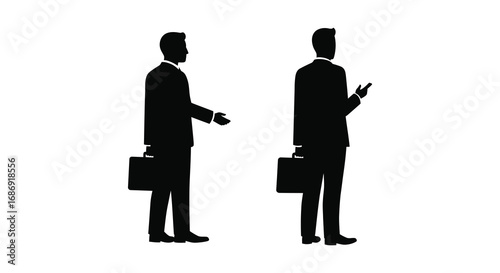 two businessmen silhouettes engaged in conversation holding briefcases