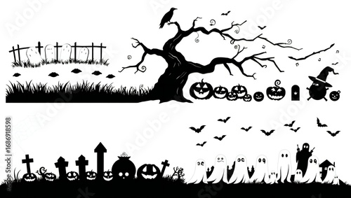 Spooky halloween silhouette scenes with graveyard pumpkins and bats