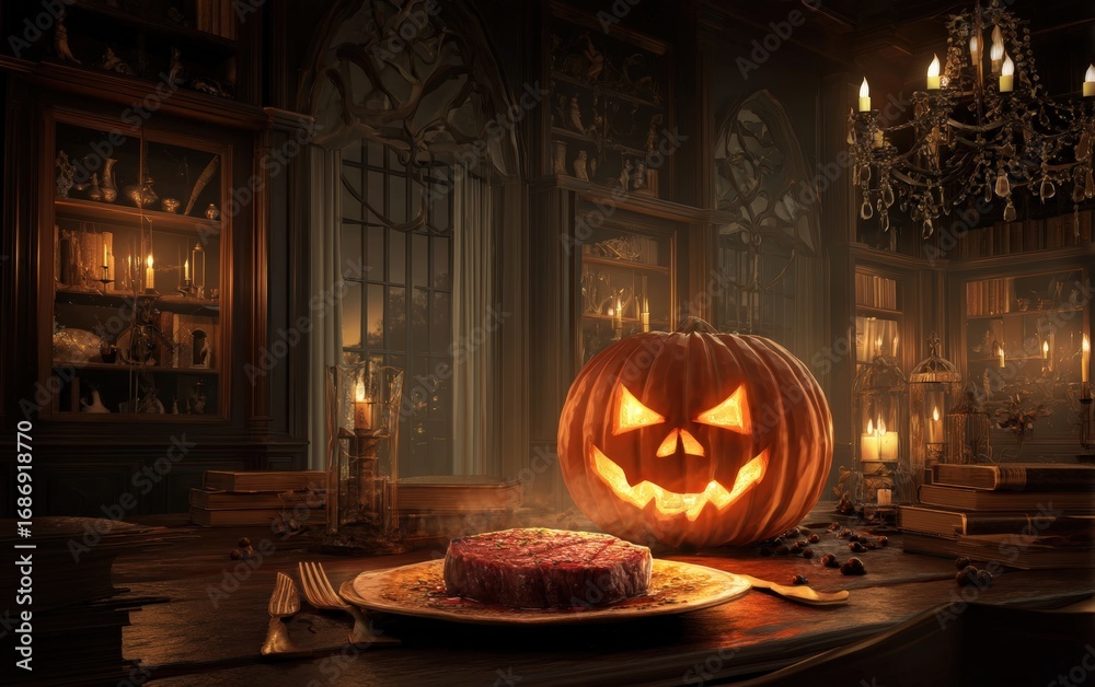 Obraz premium A scary Halloween scene with a pumpkin and a steak on a plate