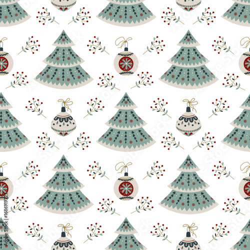Seamless nordic winter pattern with stylized Christmas trees, decorations Scandinavian folk ornament Design in trendy colors. Vector illustration for festive wrapping, greeting cards and holiday decor