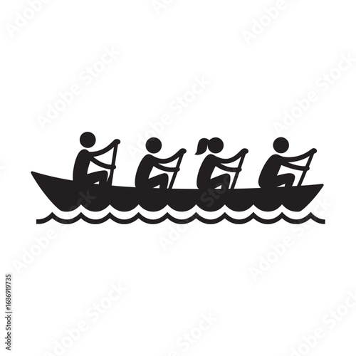 Silhouette icon of a rowing team in a longboat, symbolizing teamwork and collaboration for sports or business concepts. Vector graphic lio.