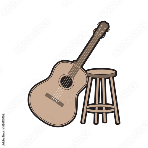Minimalist drawing of a six-string acoustic guitar and a round wooden stool, representing a coffeehouse music session or an open mic night