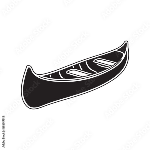 Classic canoe boat icon in a simple black and white vector illustration style, perfect for outdoor adventure and water sports themes 