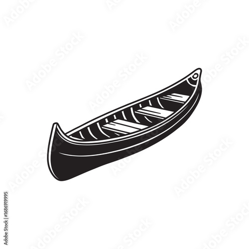 Black and white vector illustration of a canoe, a long, narrow boat designed for paddling