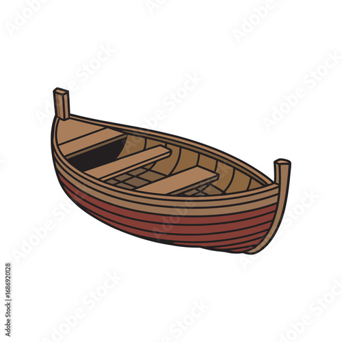 A simple and classic illustration of a traditional wooden rowboat or skiff, depicted in a clean vector style isolated on a white background. 