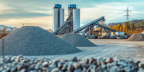 Industrial concrete plant with piles of gravel and silos under a cloudy sky