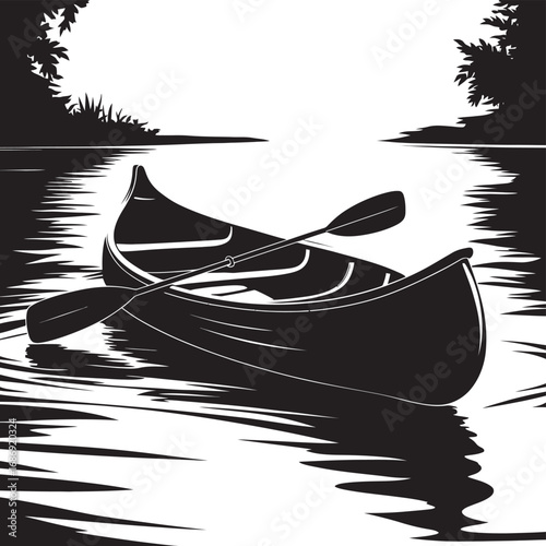 Classic black and white illustration of a canoe with paddles resting peacefully on a calm lake, reflecting tranquil natural surroundings and serene atmosphere