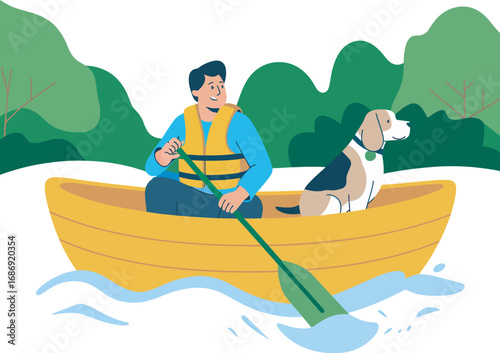 Happy young man with his beagle dog rowing a boat on the river. Summer vacation, friendship and outdoor recreation flat design illustration