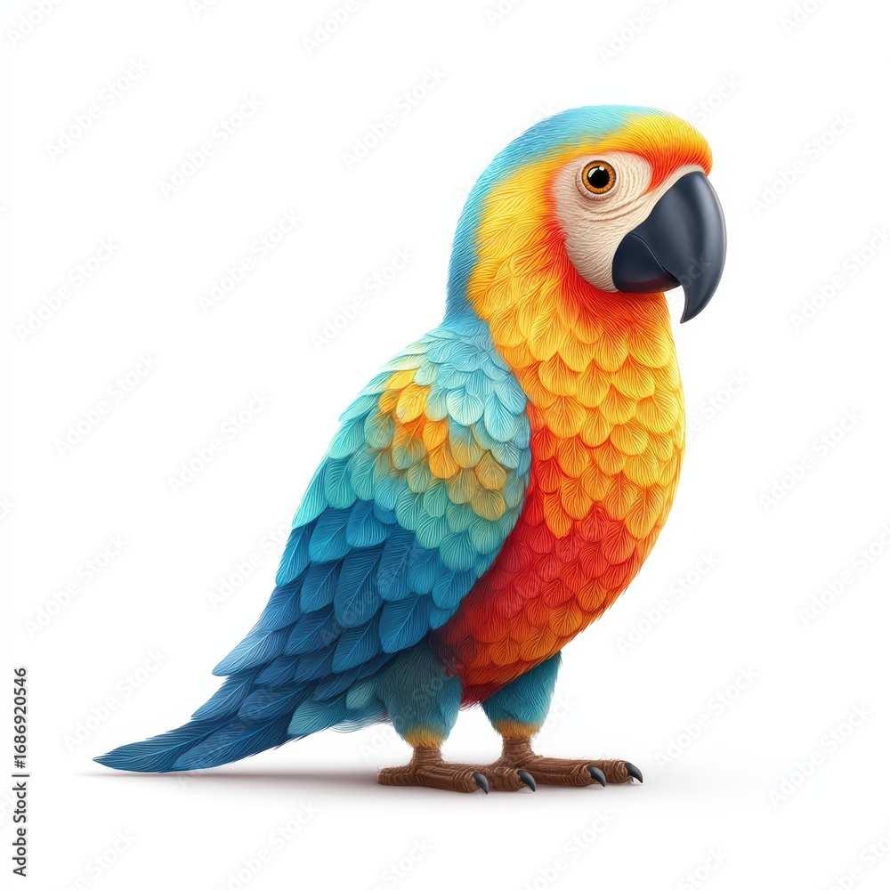 Obraz premium A colorful parrot with a black beak stands on a white background