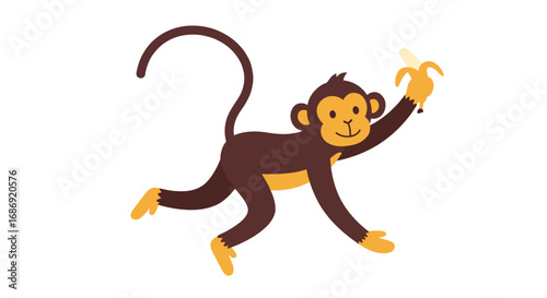 Cartoon monkey holding banana while jumping in playful manner  