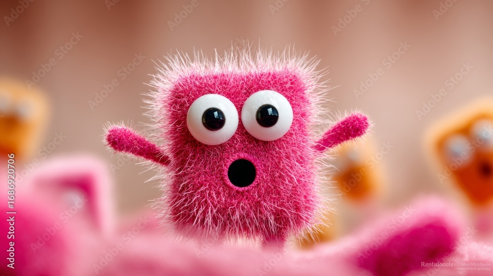 Fototapeta premium A pink stuffed animal with big eyes and a mouth open in surprise. The pink color and the cute design of the animal make it look like a friendly and approachable character