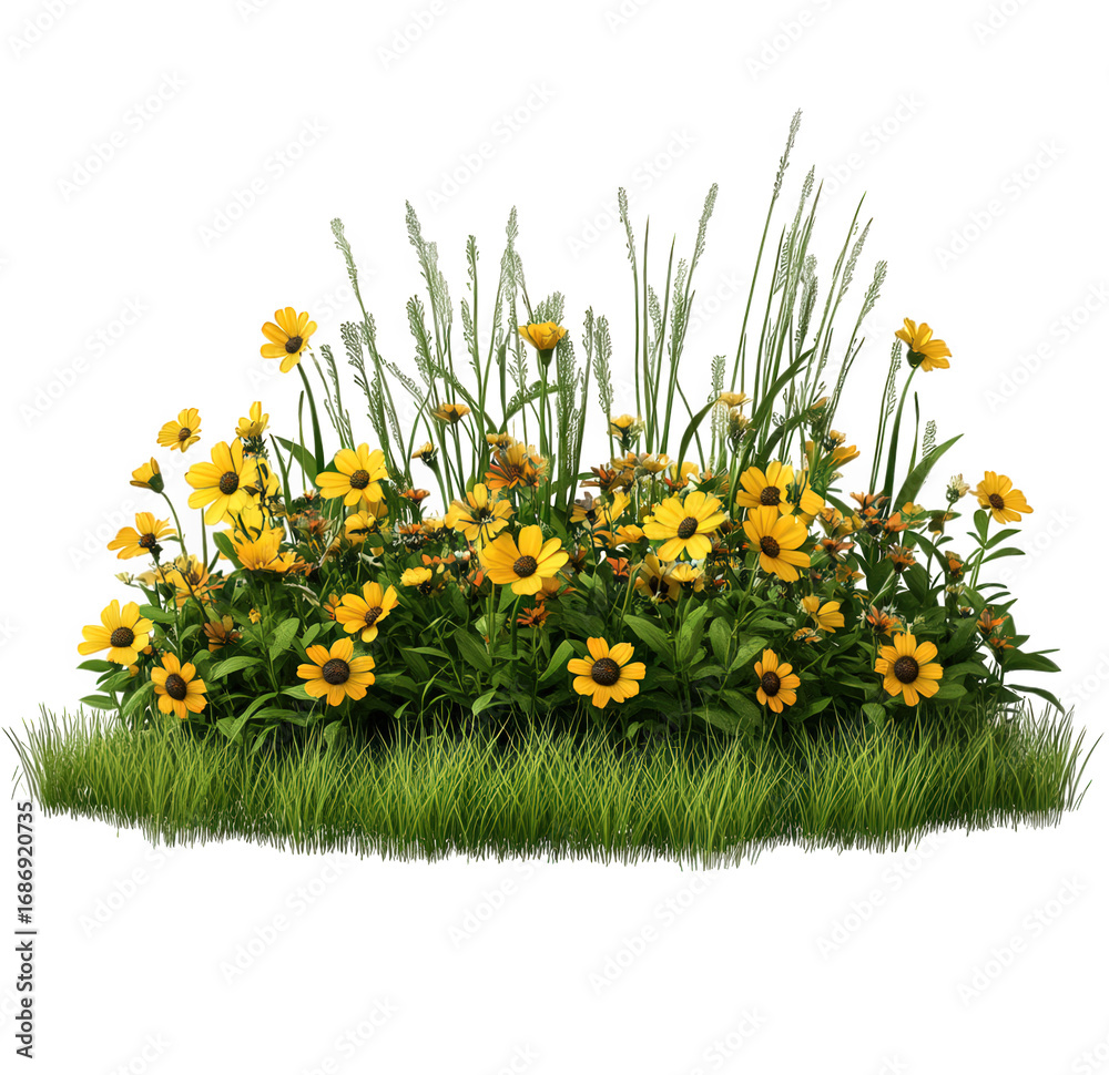 Fototapeta premium Yellow coneflowers and grass isolated on transparent background are in full bloom