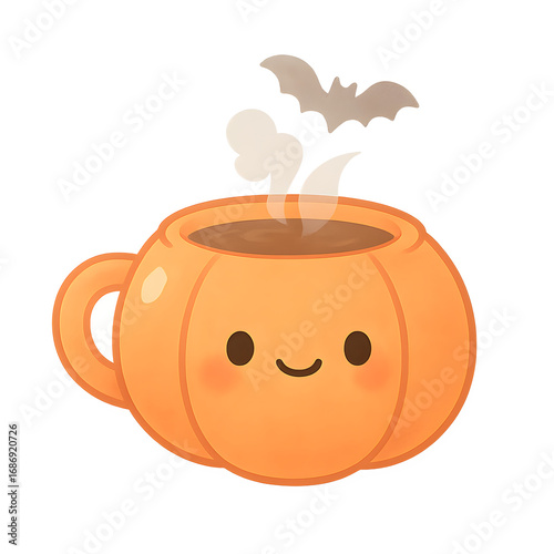 Kawaii Pumpkin Teacup PNG | Cute Halloween Mug with Bat Steam