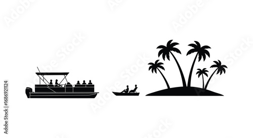 a serene tropical scene with boat palm trees and sandy beach