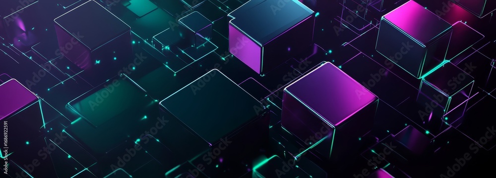 Fototapeta premium Abstract Futuristic Cubes with Neon Lighting and Interconnected Lines