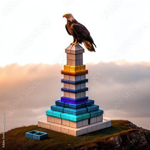 Eagle perched atop a colorful stacked block tower on a grassy hill top