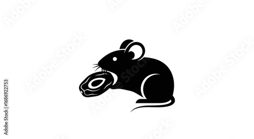Minimalist black silhouette of a mouse eating a donut.