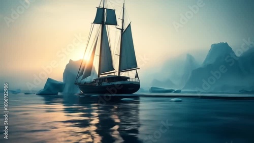 ship cruising towards island sailing navigates icy waters arctic sunset reflection