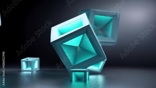 hollow cubes glowing a turquoise blue, floating and resting on a dark reflective surface.