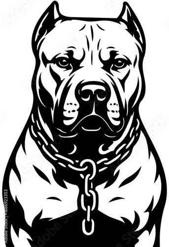 Monochrome vector portrait of a strong pitbull dog with a chain collar, a powerful and loyal canine mascot illustration