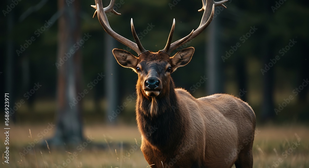 Naklejka premium Elk in forest during golden hour