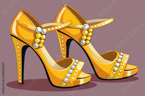 vector of A pair of mustard yellow high heels with ankle straps and pearls on the band...