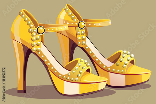 vector of A pair of mustard yellow high heels with ankle straps and pearls on the band...