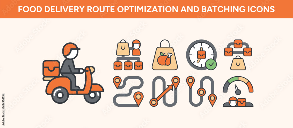Fototapeta premium Food delivery route optimization and batching icon set for apps and dashboards, clear outline symbols of product teams and logistics managers.