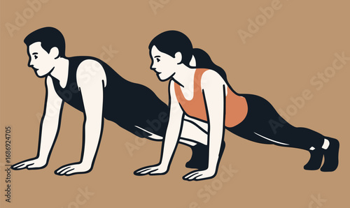 Couple Push Up Exercise Vector Illustration, Fitness Training, Gym Workout Icon Design
