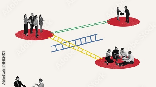 Animated ad of business teams on red platforms connected by ladders. Concept of hybrid work structure, onboarding, B2B SaaS, CRM collaboration, and internal communication.
