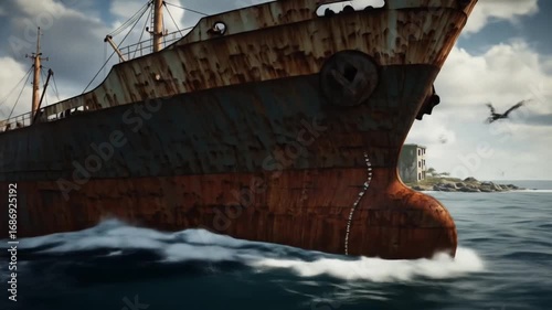 ship cruising towards island rusty cargo approaching abandoned settlement