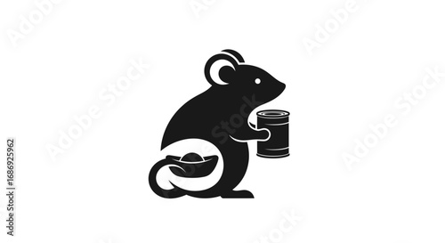 Stylized black mouse silhouette holding a can and treasure.
