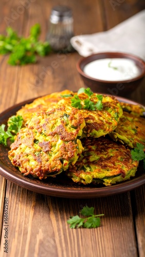 Stacked zucchini fritters on a plate