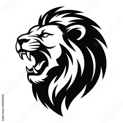 Fierce black and white lion head roaring with majestic mane