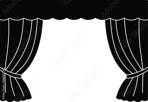 a black curtain with white lines and scalloped valance