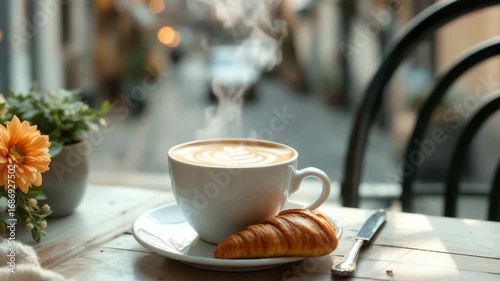 Steaming cup of coffee with latte art and fresh croissant on white saucer. Morning breakfast at a cafe with flowers for cozy footage.