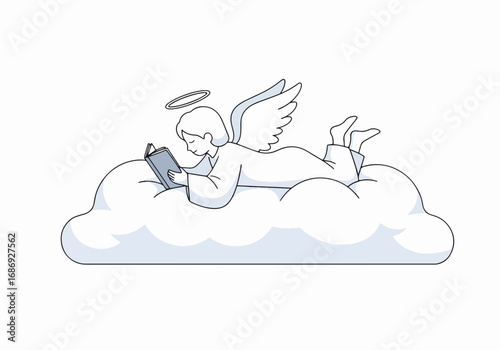 Angel reading book on cloud in minimalist design, heavenly scene depicts serene mood with angelic figure. Perfect for spiritual themes and imaginative storytelling through art.