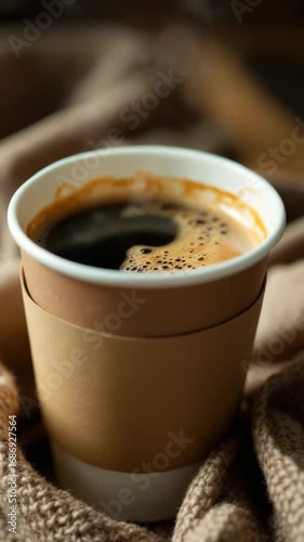 Close up of hot coffee in paper cup with steam on knitted fabric. Morning drink for comfort and cozy lifestyle concept.