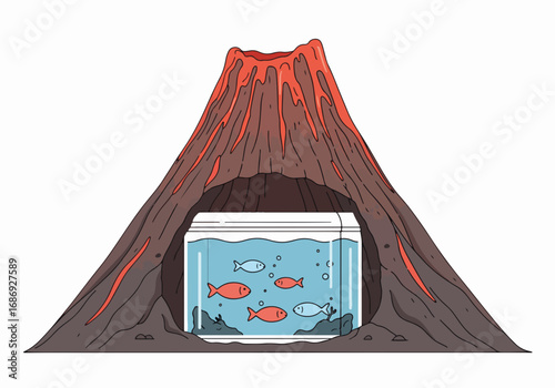 Unique aquarium inside volcanic structure featuring colorful fish swimming in water. This creative aquarium design showcases a striking volcano exterior while offering a whimsical underwater world.